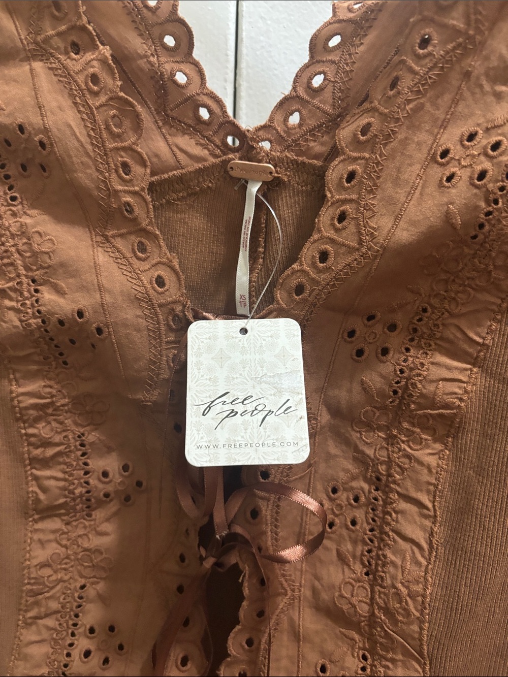 Free People Rust Brown Eyelet Lace-Up Dress Top - Picture 2 of 13